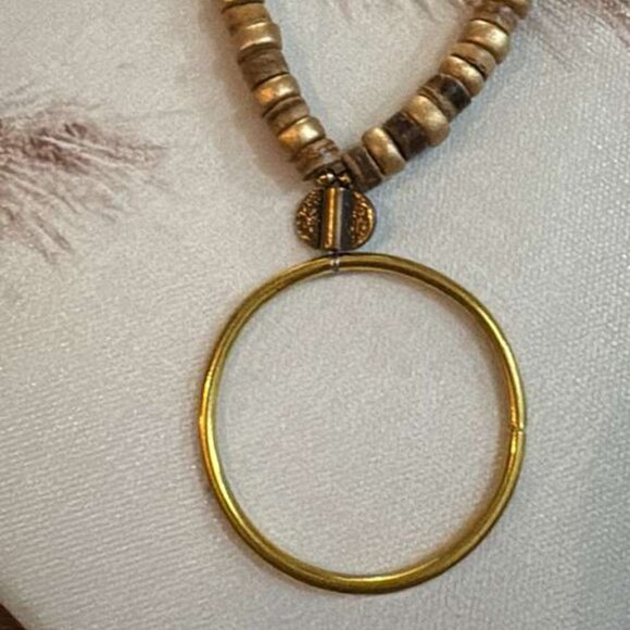 Long Wood Bead Necklace Brass Ring Pendant 38" - Picture 3 of 5